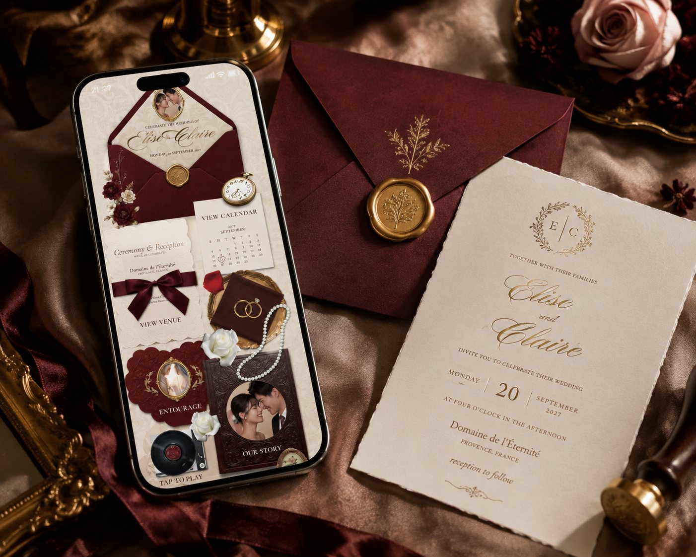 A Once & Ever digital wedding invitation open on a phone, beside the burgundy envelope and gold wax seal it was designed from