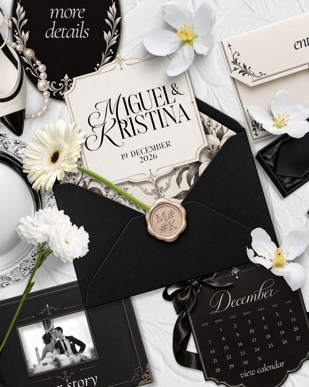 Noir Élégance — Signature · Black Tie · Ivory & Onyx wedding invitation suite